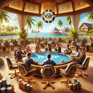 DALL·E 2024-12-03 21.53.28 - A luxurious poker tournament setting on a tropical island. The scene includes a grand poker table under an open-air pavilion with golden WSOP banners,