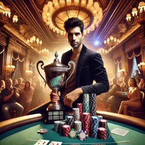 DALL·E 2025-01-20 01.23.19 - A dramatic poker tournament setting in a luxurious casino, featuring a victorious player holding a large trophy and surrounded by poker chips, cards,