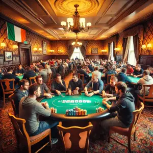 DALL·E 2025-01-20 01.42.52 - A vibrant poker tournament setting in a cozy and elegant hotel venue in Charleville, County Cork, Ireland. The scene features a large poker table surr