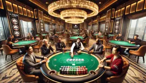 A high-stakes poker tournament scene at the luxurious Commerce Casino in Los Angeles. The setting features elegant round tables with green felt, profe